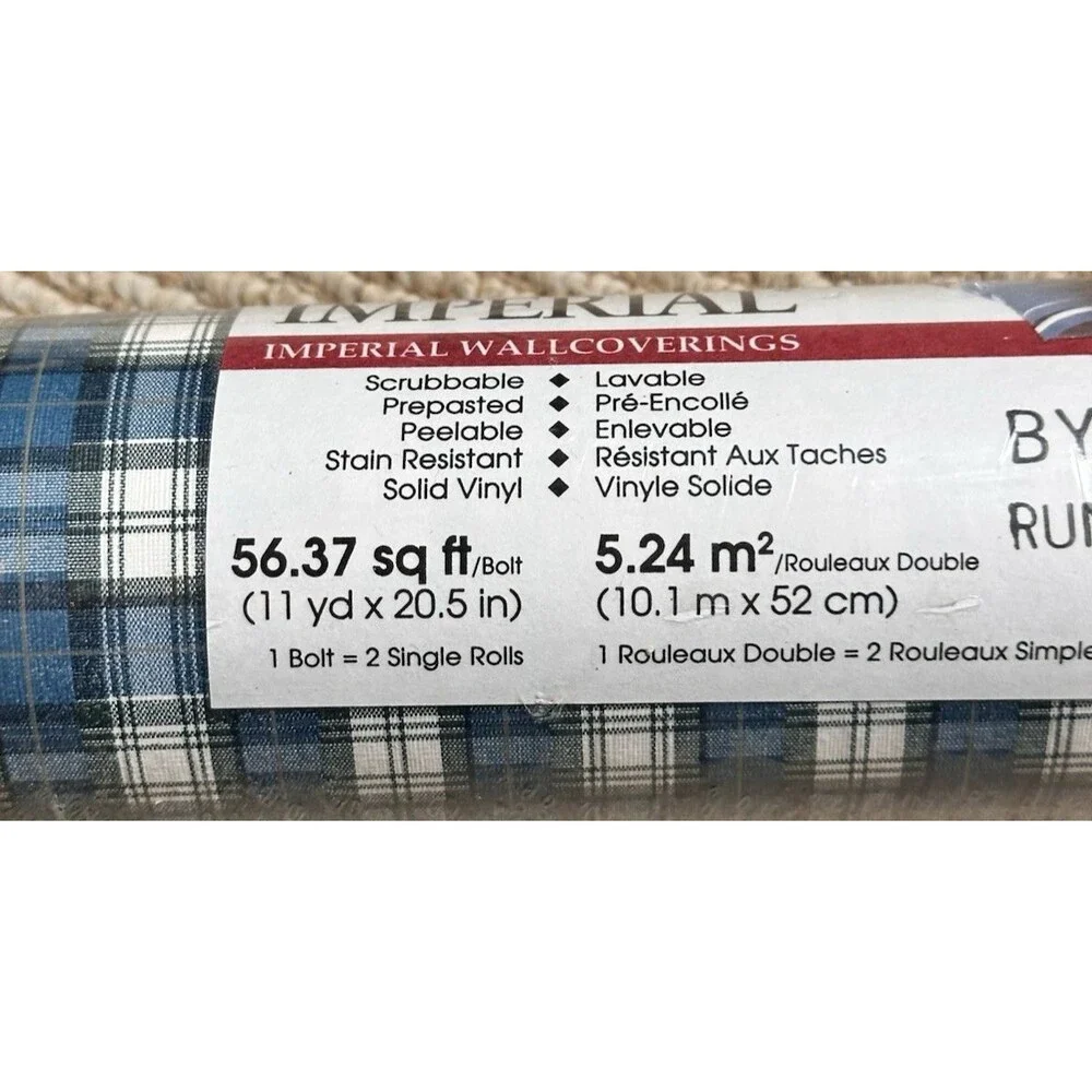 Imperial Wall paper Plaid vinyl Blue White 11 yd x 20.5 inch Union Made USA vtg